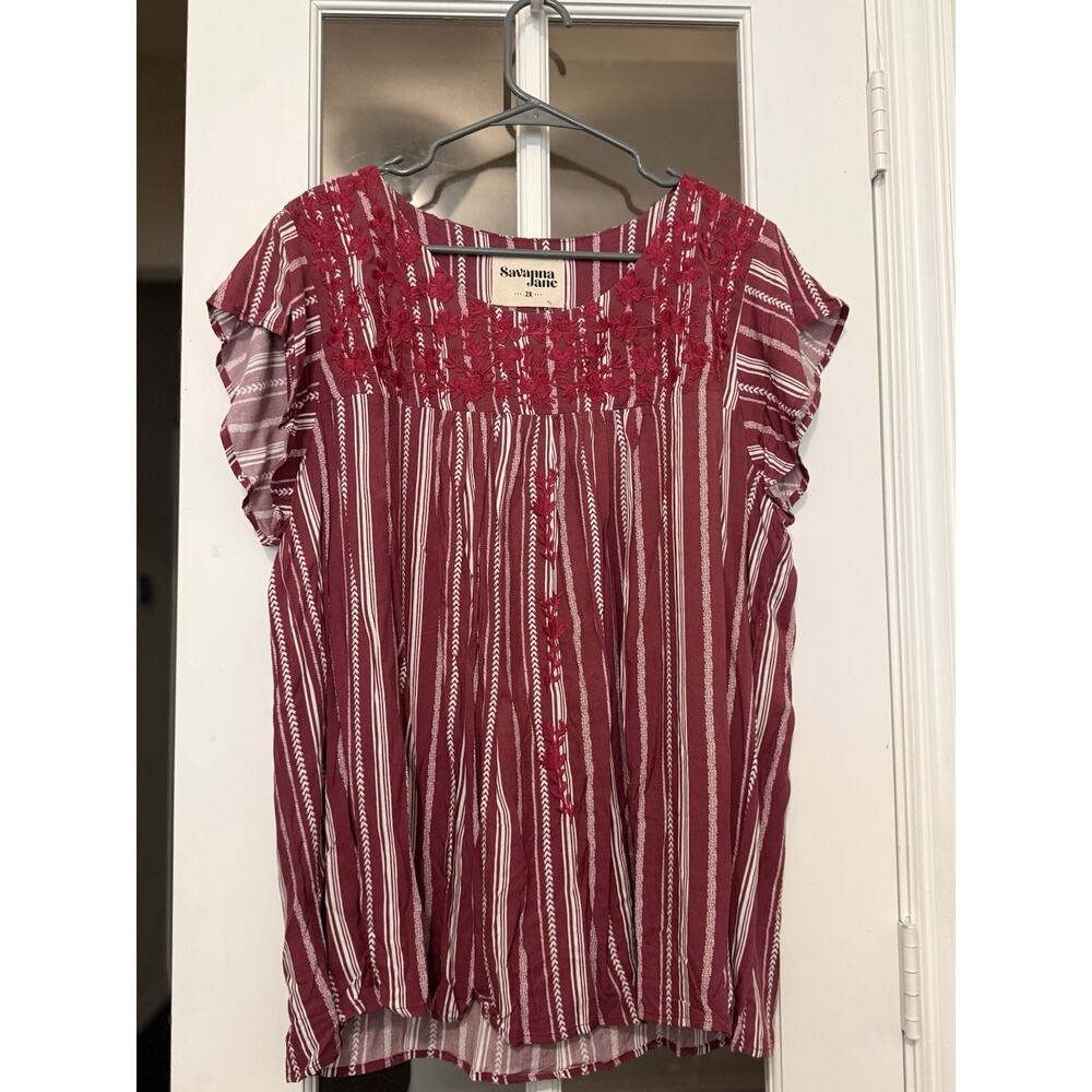 Savanna Jane purple Striped Floral Embroidered Flutter Sleeve Top 2X NWT